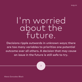 "I'm worried about the future." Decisions ripple outwards in unknown ways; there are too many variables to prioritize one potential outcome over all others. A decision that may cause an issue in the future is still safe to try.