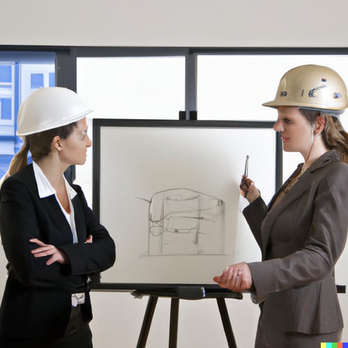 DALL·E Two female-presenting architects talking facing a whiteboard