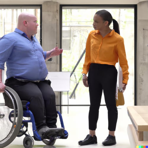 DALL·E two architects talking who are diverse in race, gender expression, body size, age and disability