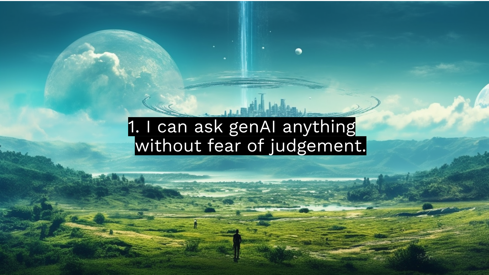 Using AI in the workplace creates a strange proxy for psychological safety by removing human agendas from the interaction. Image: A human figure looks out at a futuristic landscape superimposed the phrase: "I can ask anything without fear of judgment." | August Public