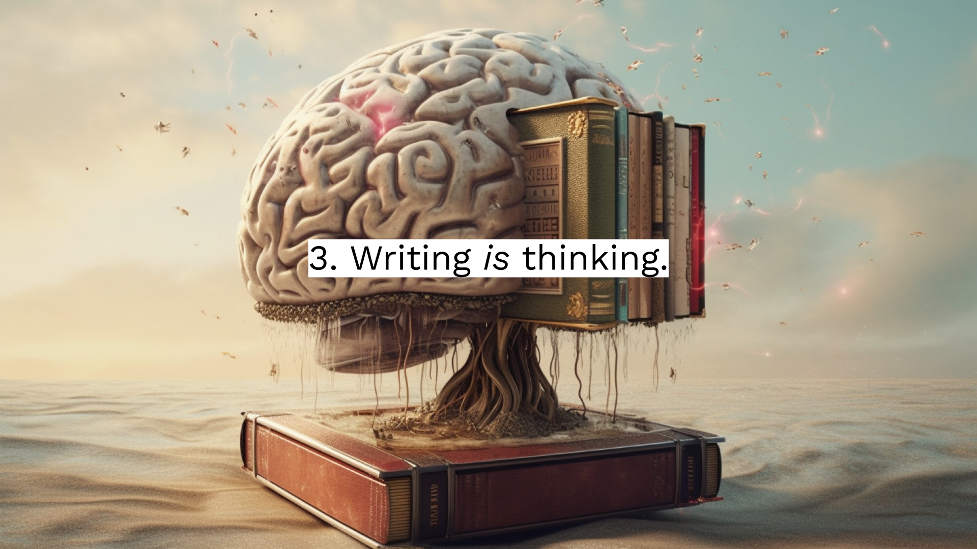 AI-human collaboration has the power to change how humans think. Image: A digital artwork of a brain with treelike characteristics, embedded with stacks of books, superimposed with the phrase: "Writing is thinking." | August Public